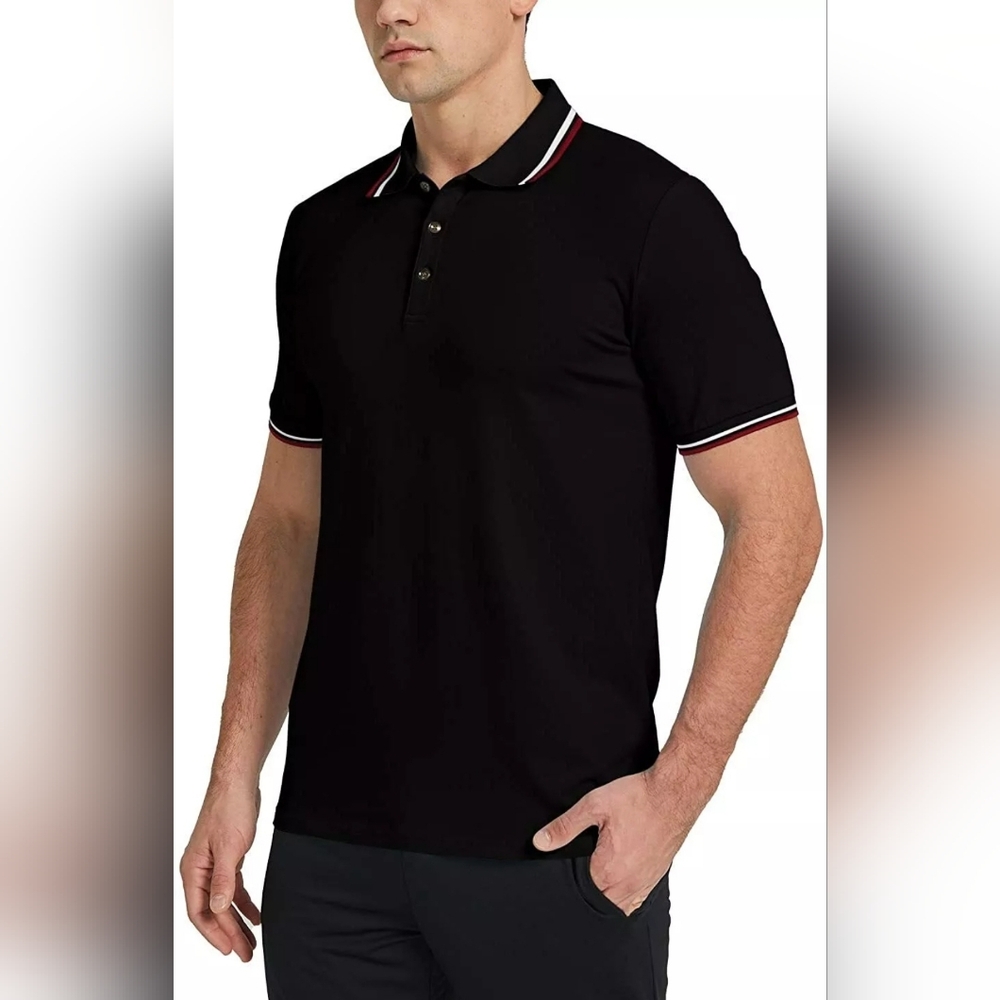Mlanm Men's Black Classic Fit Short Sleeve Dual Tipped Polo Shirt Size Large
